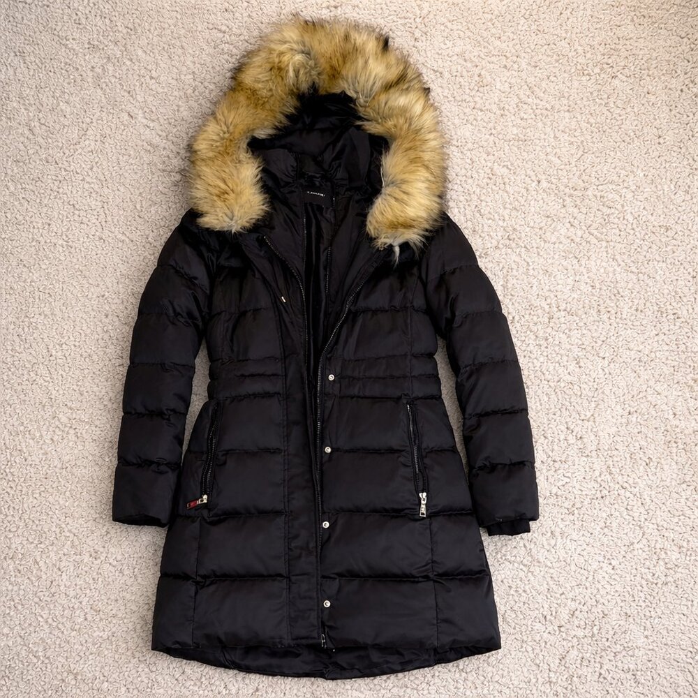 T Tahari Women's Black Faux Fur Trim Hooded Puffer Coat Size XS